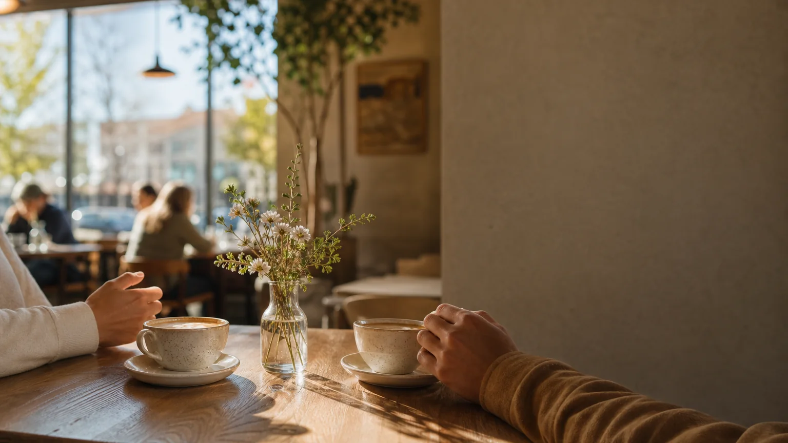A warm public cafe table set for a small Coffee Date event